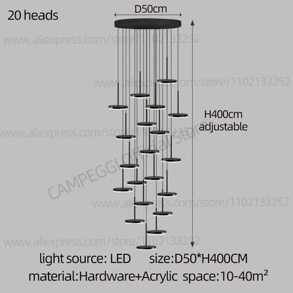 DecorBites™ Golden Black LED Long Chandelier for Home, Restaurant, and Cafe