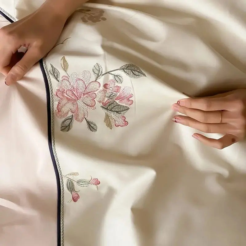 DecorBites™ Chinese Flowers Embroidery Luxury Bedding Set - 1000TC Egyptian Cotton Duvet Cover, Flat Sheet, Fitted Sheet, Pillowcases