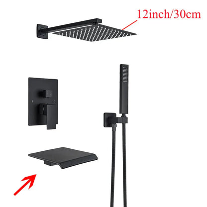 DecorBites™ Black Wall Mounted Shower System with Handshower - 12/16 Inch Rainwater Faucet