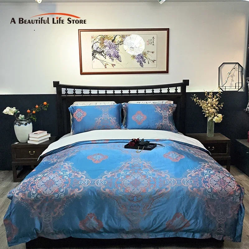 DecorBites™ Blue Satin Jacquard Queen Duvet Cover Set with Sheet & Pillowcases