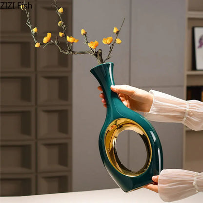 DecorBites™ Gold Ceramic Vase with Artificial Flowers for Elegant Room Decor