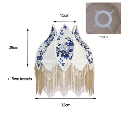 DecorBites™ Blue & White Porcelain Floral Lampshade with Pearl Tassel