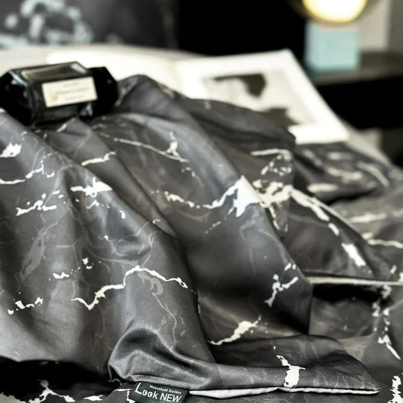 DecorBites™ Black Grey Marble Ice Silk Duvet Cover Set - Luxury Cooling Comfort, Nordic Style