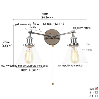 DecorBites™ 2 Head LED Wall Lamps Iron Glass Bedroom Stair Light Fixtures