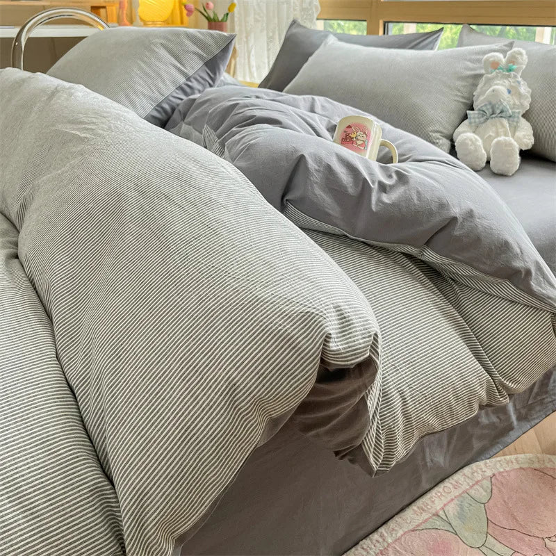 DecorBites™ Cotton Striped Bedding Set Yarn Dyed Washed Duvet Cover Single Bedclothes