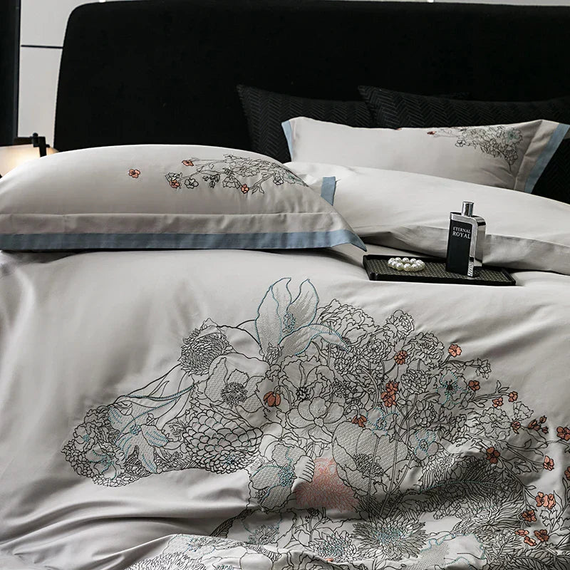 DecorBites™ Cotton Flowers Horse Embroidery Luxury Bedding Set - Duvet Cover, Bed Sheet, Pillowcases