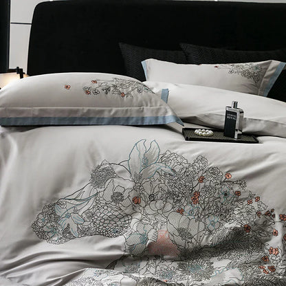 DecorBites™ Cotton Flowers Horse Embroidery Luxury Bedding Set - Duvet Cover, Bed Sheet, Pillowcases