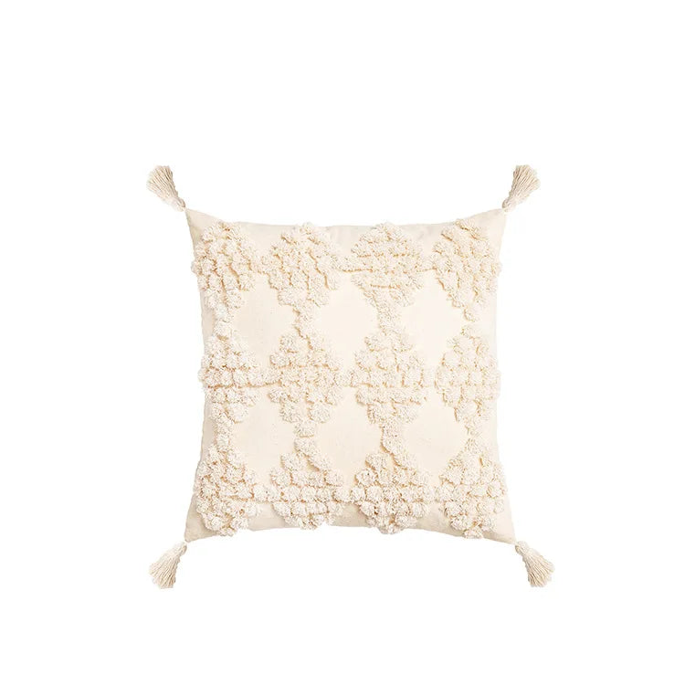 DecorBites™ Boho Tufted Beige White Tassel Pillow Cover Home Decor Square Beaded Case