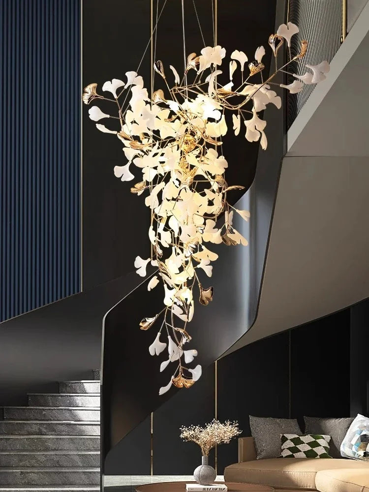 DecorBites™ Ginkgo Leaf Chandelier for Luxury Staircase & Lobby, Designer Duplex Lighting