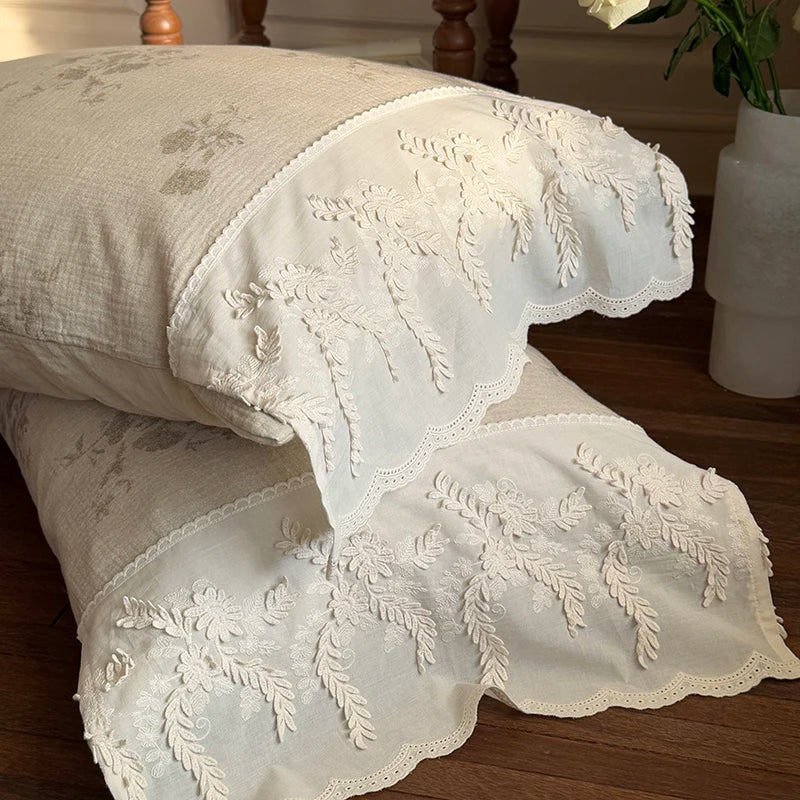 DecorBites™ French Lace Flowers Bedding Set, 100% Cotton Double Layer, Soft Duvet Cover, Bed Sheet, Pillowcases