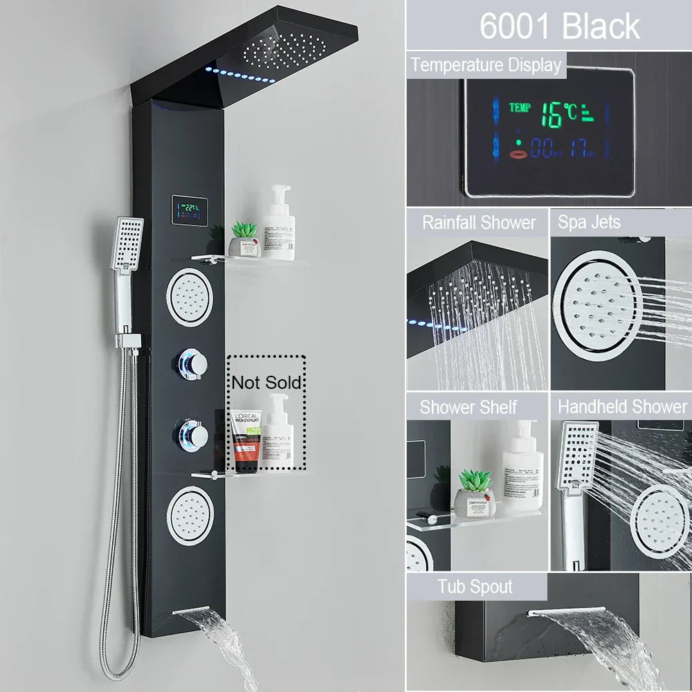 DecorBites™ Brushed LED Light Shower Faucet SPA Massage Shower Column Waterfall Panel