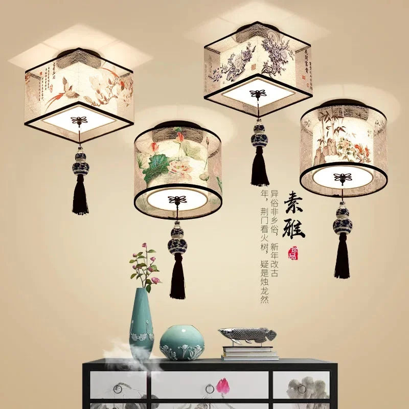 DecorBites™ Lotus Chinese Chandelier Ceiling Lamp Simple Corridor Painting LED Lighting