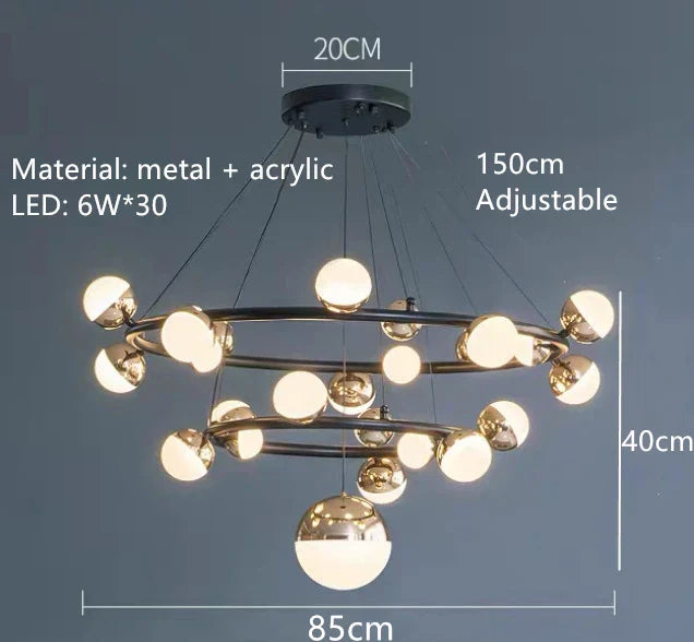 DecorBites™ Gold Balls LED Chandelier: Art Deco Round Lighting with Acrylic Balls for Home Décor