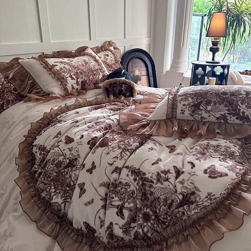 DecorBites™ Butterfly Flowers Lace Velvet Bedding Set with Ruffles - Full Bed Linen Collection