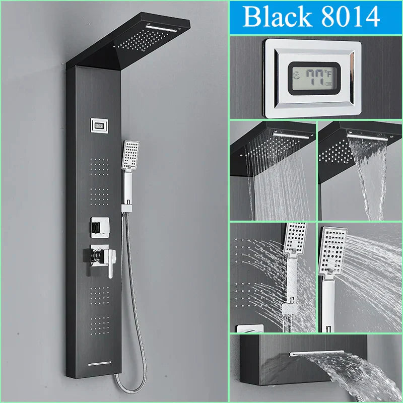 DecorBites™ Black Shower Panel Column Wall Mount Rainfall Waterfall Faucet Hot Cold Mixer Tap