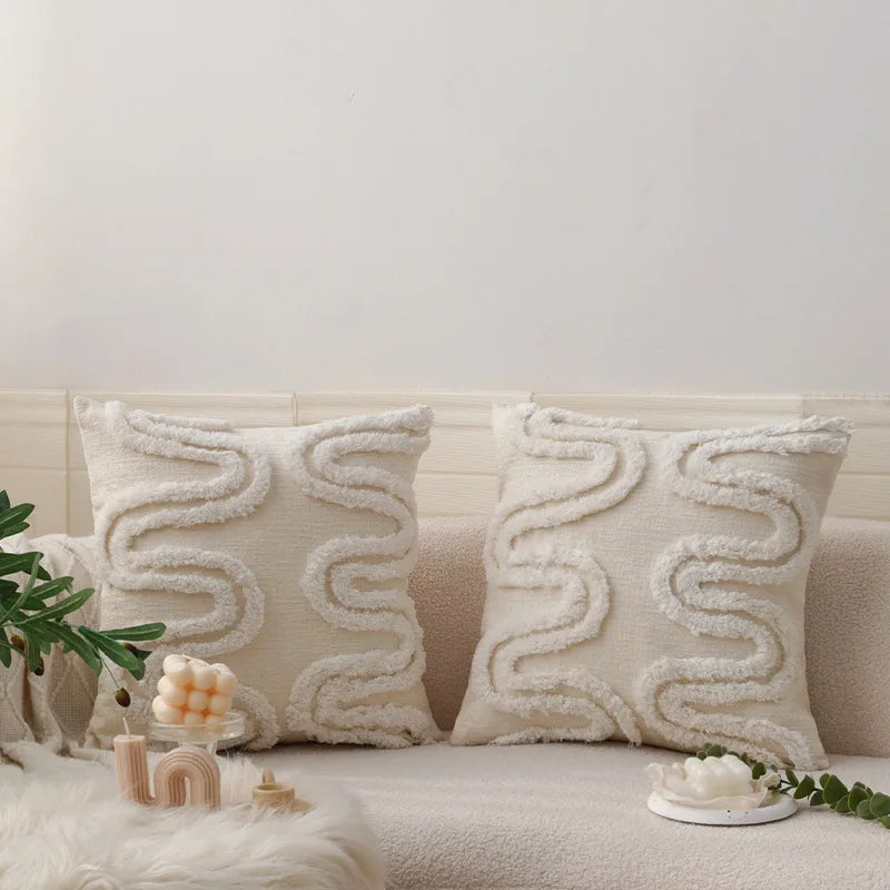 DecorBites™ Geometric Waves Tufted Pillow Covers with Embroidered Tassels