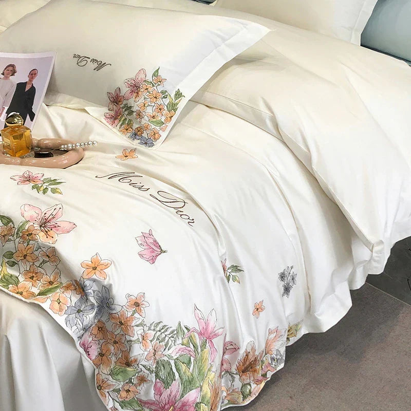 DecorBites™ Egyptian Cotton Flowers Embroidery Luxury Bedding Set - Queen King Size