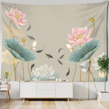 DecorBites™ Koi Lotus Ink Tapestry Wall Hanging - Bohemian Aesthetics Home Decor
