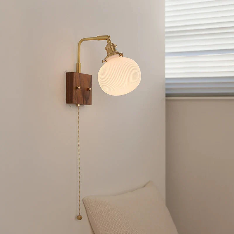 ™ Globe Ceramic Walnut Wood Wall Light with Pull Chain Switch and Rotatable Design