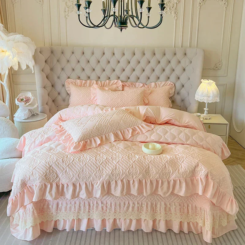 ™ Korean Princess Style Quilted Bedding Set with Lace Ruffles 200x230cm