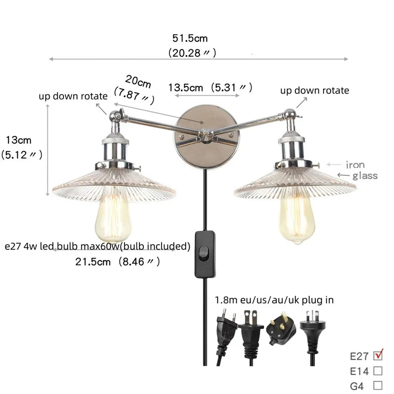 DecorBites™ Glass 2-Light Wall Sconce with Pull Chain Switch for Bedroom and Bathroom