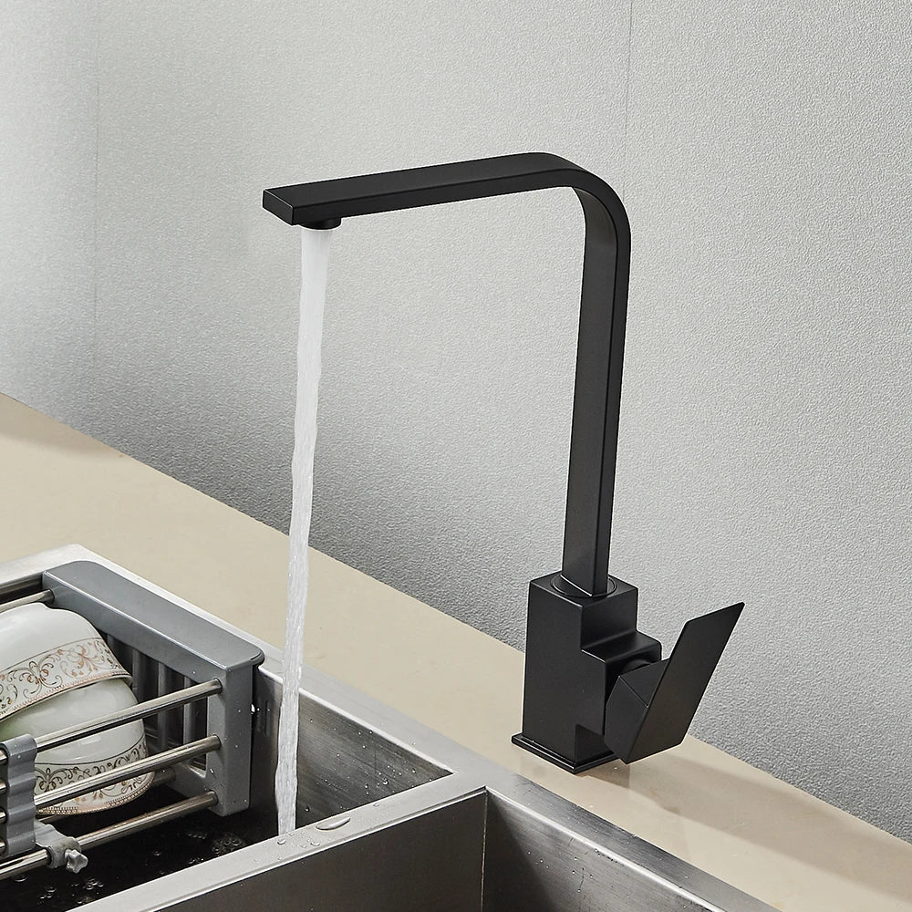 DecorBites™ Black Square Kitchen Faucet: Chorme/Gold Hot Cold Mixer Tap 360° Rotation