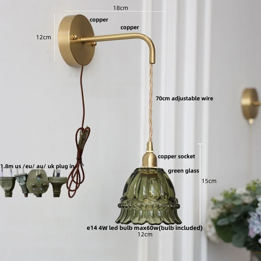 DecorBites™ Amber Glass LED Wall Light Pull Chain Switch Modern Flower Sconce