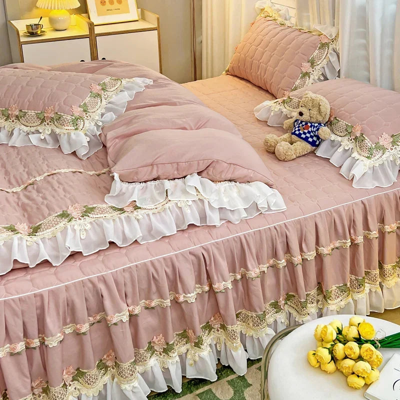 ™ Korean Princess Bedding Set: Flowers, Lace, Ruffles, Embroidery, Quilted, Duvet Cover, Bedspread