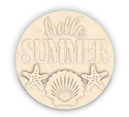 Unfinished Wood Seashell Hello Summer Door Sign Kit | Wood Craft Cutouts | 1/4" Thick |
