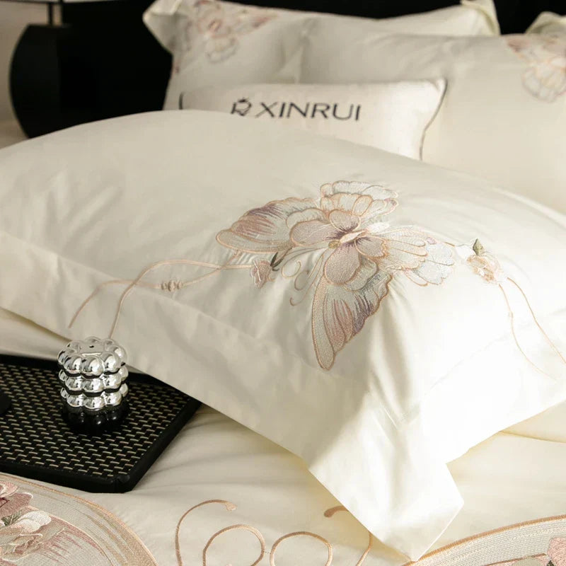 DecorBites™ Luxe Butterfly Flowers Embroidery Bedding Set 800TC Egyptian Cotton Duvet Covers Sheets Pillowcases