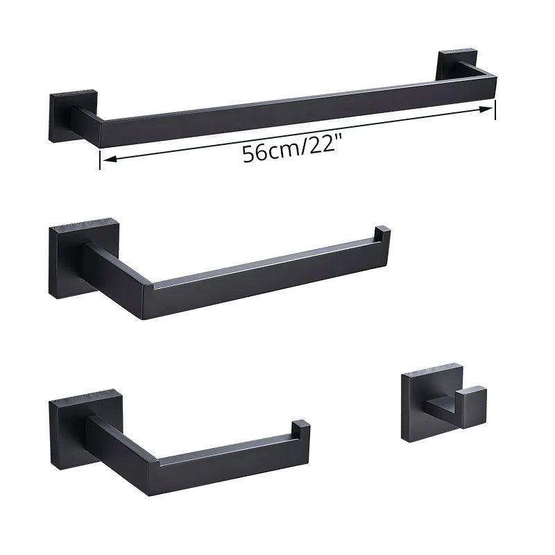DecorBites™ Black Bathroom Accessories Set: Robe Hook, Towel Rail, Shelf, Paper Holder