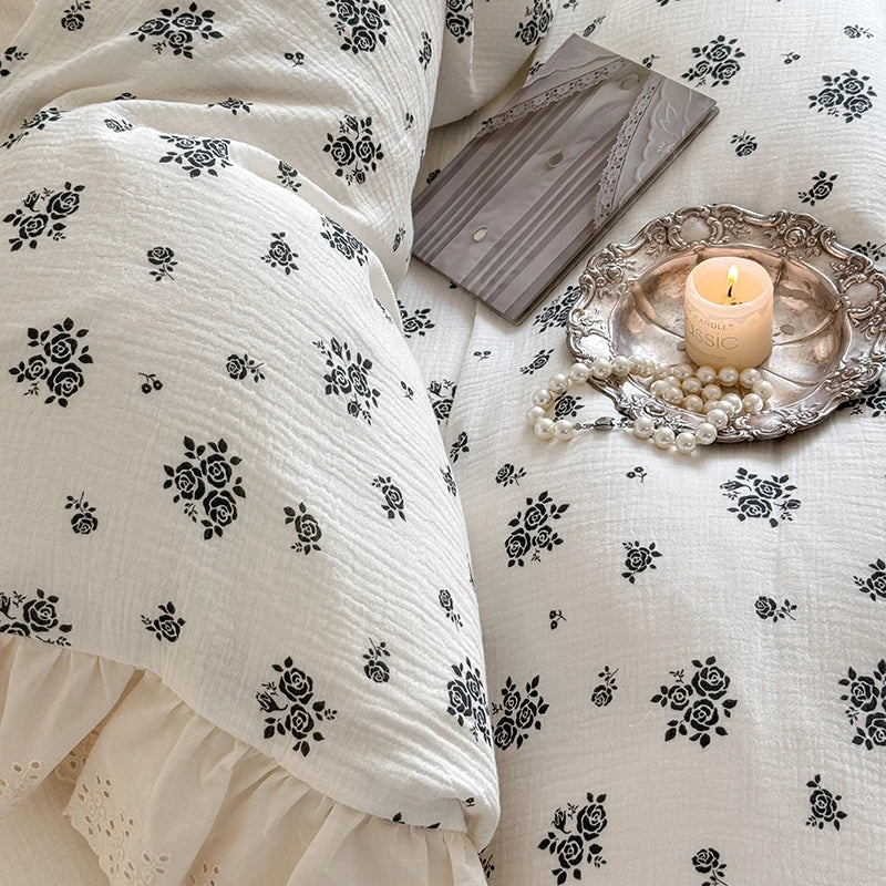 DecorBites™ French Lace Floral Ruffles Bedding Set - 100% Cotton Wrinkled Yarn 4Pcs