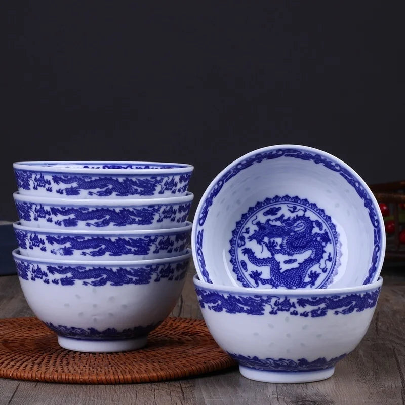 DecorBites™ Blue And White Porcelain Dragon Rice Bowls Set