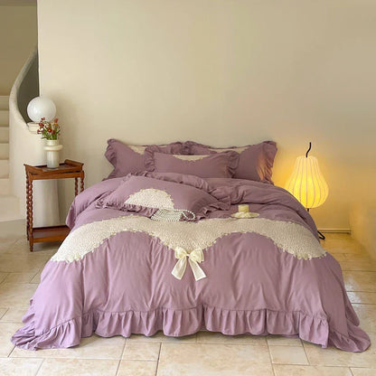 DecorBites™ Lace Embroidery Princess Bedding Set - Duvet Cover, Sheet, Pillowcases - Blue Pink Purple