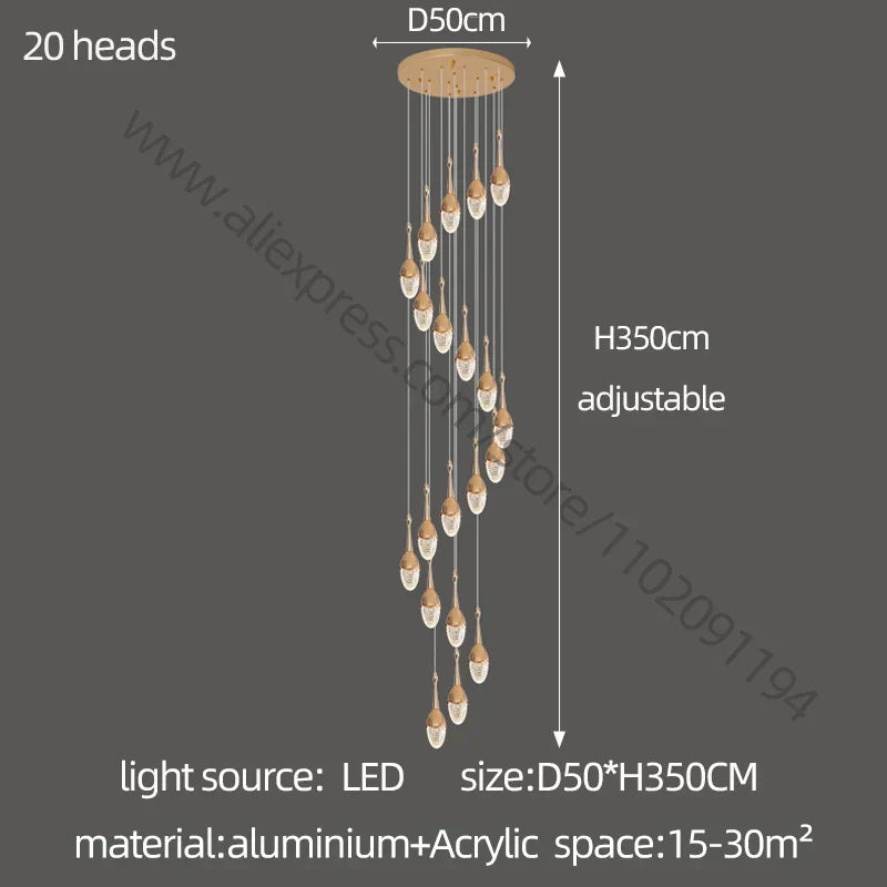 DecorBites™ Gold LED Staircase Chandelier: Elegant Luxury Large Pendant Lamp for Living Room