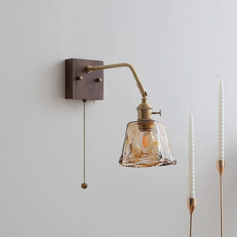 DecorBites™ Amber Glass LED Wall Sconce Pull Chain Switch.