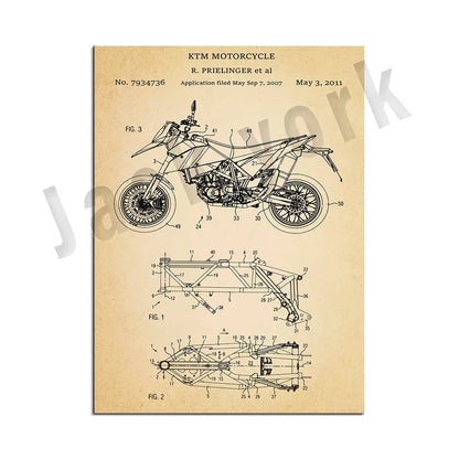 DecorBites™ Dirt Bike Patent Blueprint Poster Canvas Wall Art