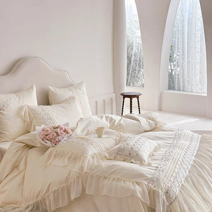 DecorBites™ Flowers Embroidery Princess Wedding Lace Bedding Set 1200TC Cotton Duvet Cover Flat Sheet Pillowcases