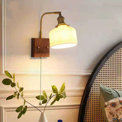 DecorBites™ Ceramic LED Wall Sconce with Walnut Wood Pull Chain Switch - Nordic Style