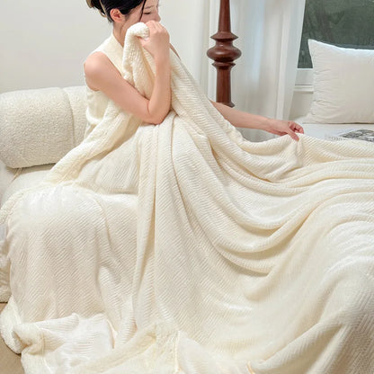 DecorBites™ Double-Layer Coral Fleece Jacquard Blanket: Warm & Multi-Functional for Home & Travel