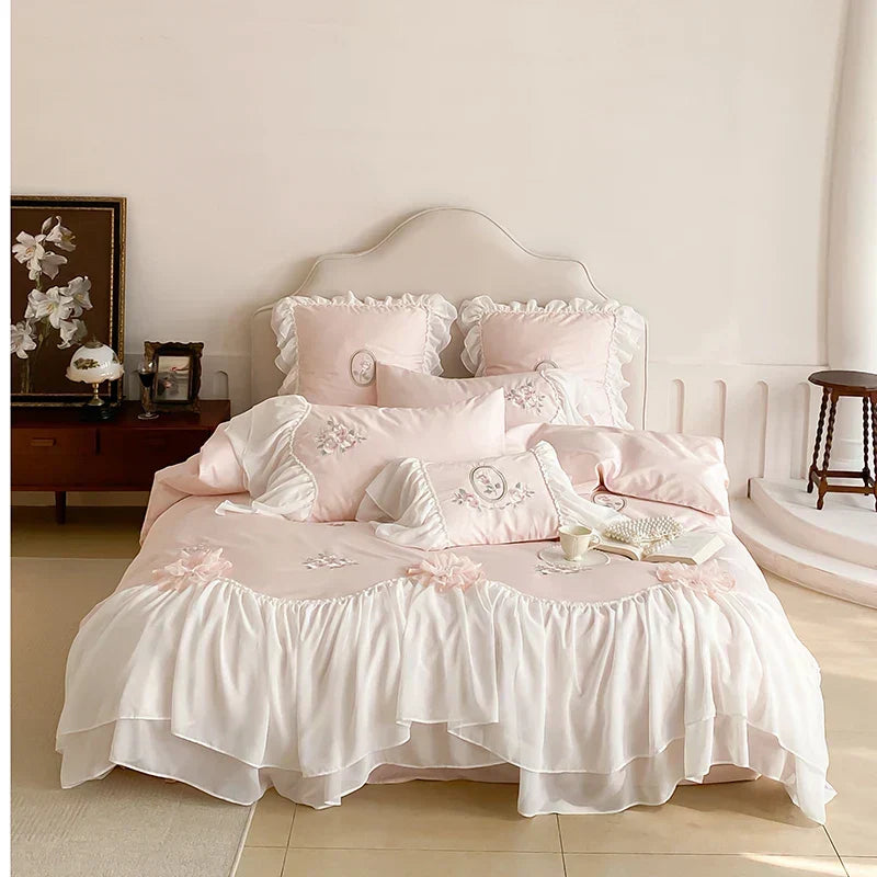 ™ Lace Ruffles Flowers Embroidery 4Pc Egyptian Cotton Bedding Set