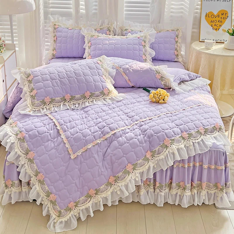 ™ Korean Princess Bedding Set: Flowers, Lace, Ruffles, Embroidery, Quilted, Duvet Cover, Bedspread