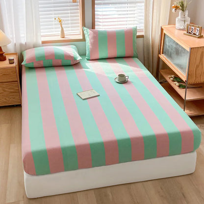 DecorBites™ Cotton Stripe Fitted Sheet- Single Cozy Mattress Cover with Elastic Band