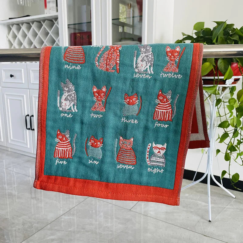 DecorBites™ Cat Gauze Hand Towels - Set of 4 | 100% Cotton, 35*40cm | Bathroom & Kitchen Essentials