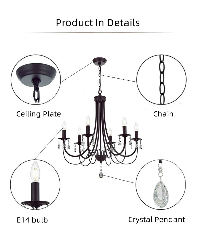 DecorBites™ Black Iron Chandelier with Crystal Pendant for Home Lighting