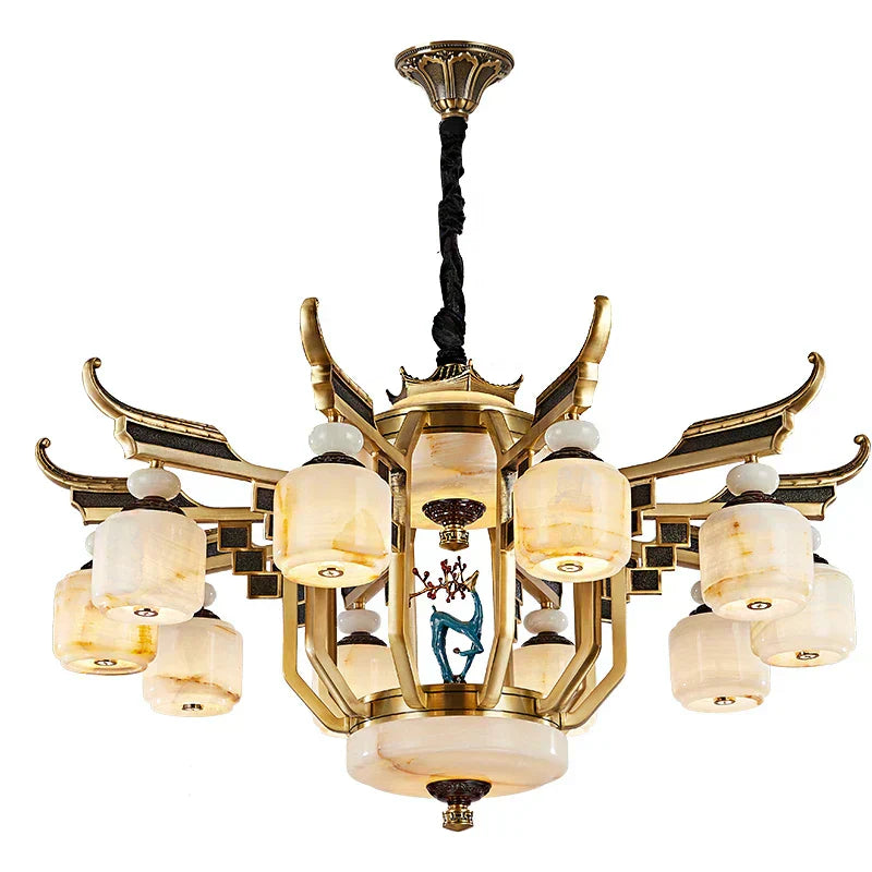 DecorBites™ All Copper Jade Chandelier for Villa Living Room, Dining Room - Chinese Style Duplex Copper Lamp