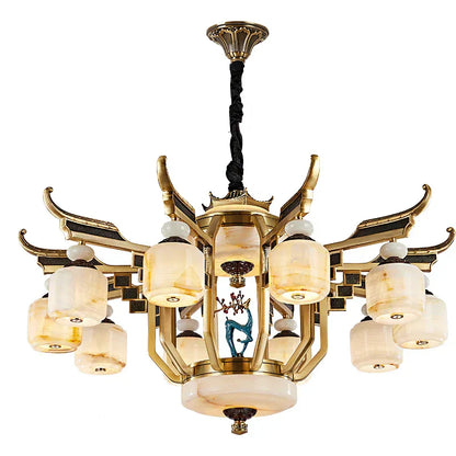 DecorBites™ All Copper Jade Chandelier for Villa Living Room, Dining Room - Chinese Style Duplex Copper Lamp