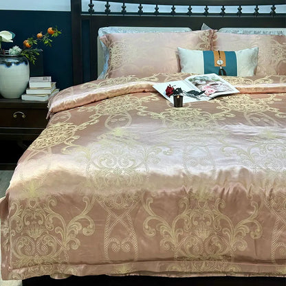 DecorBites™ Blue Satin Jacquard Queen Duvet Cover Set with Sheet & Pillowcases