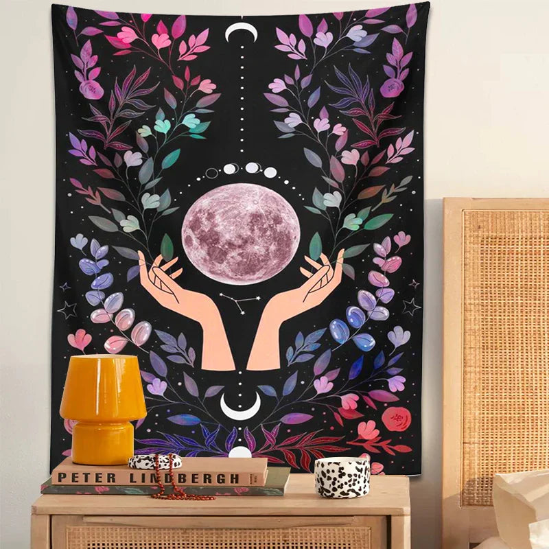 DecorBites™ Botanical Moon Tapestry: Psychedelic Boho Wall Art for Magic Crystal Altar & Chakra