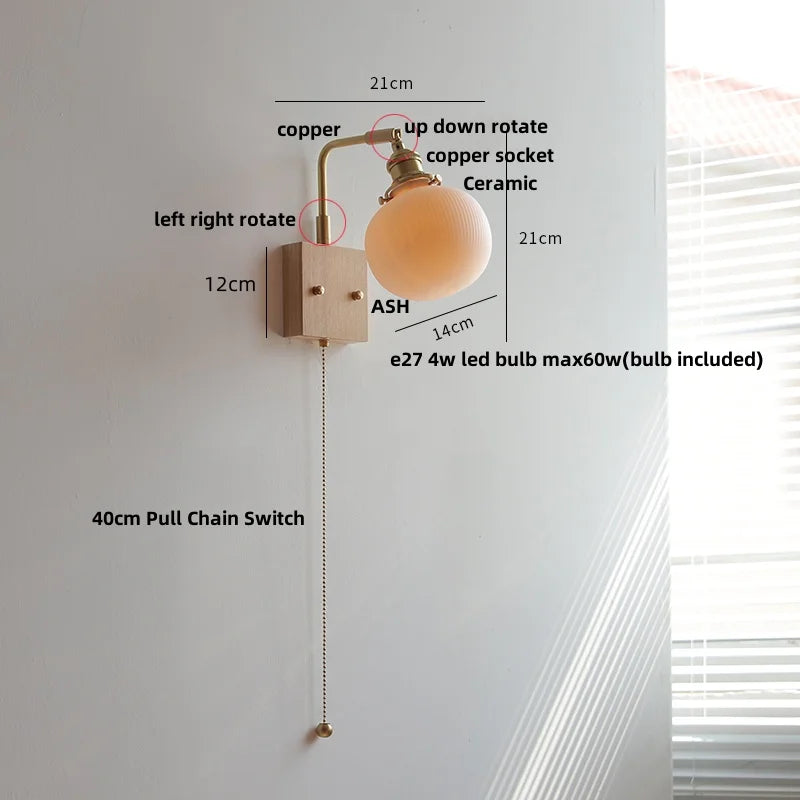 ™ Globe Ceramic Walnut Wood Wall Light with Pull Chain Switch and Rotatable Design